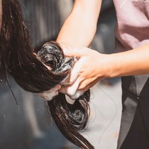 Dem Pferd wird der Schweif gewaschen