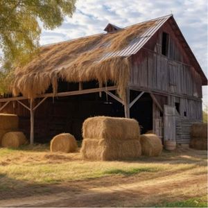 Ein Pferdestall mit Strohballen