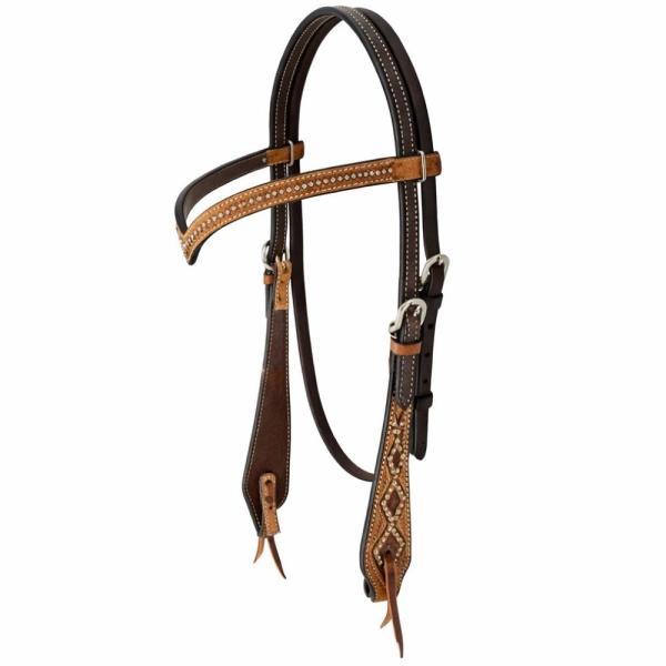 braune Westerntrense aus robustem Leder. mit Punzierung und Perlen. Gesamtansicht