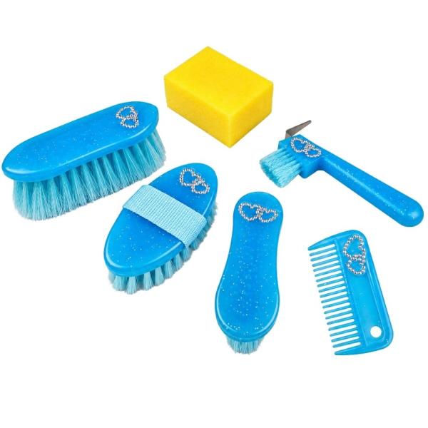 York Putz-Set Sweety für Kinder in Blau mit Bürsten, Hufkratzer, Kamm und Schwamm