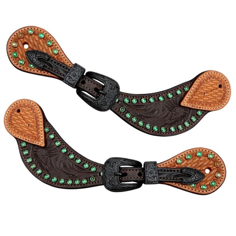 Western Sporenriemen mit grünen Strass-Steinen