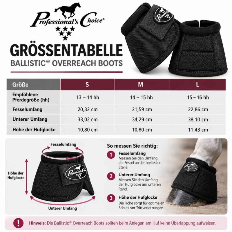 Größentabelle der Professional’s Choice Ballistic Overreach Boots Hufglocken mit Maßen und Größenempfehlungen für S, M und L