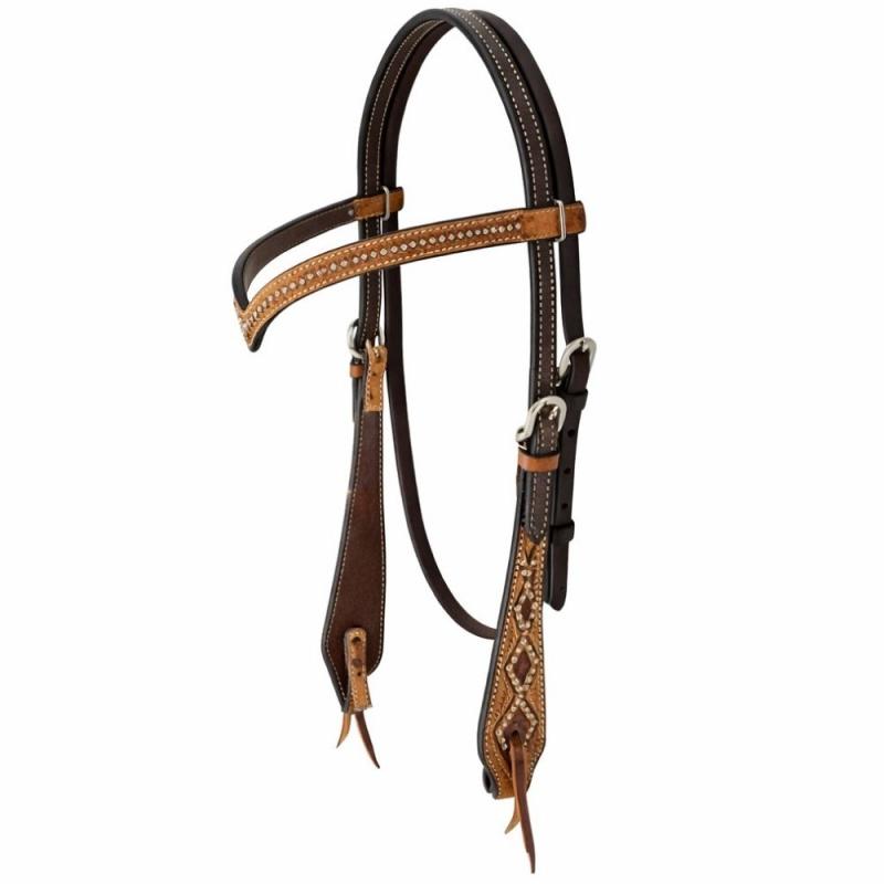 braune Westerntrense aus robustem Leder. mit Punzierung und Perlen. Gesamtansicht