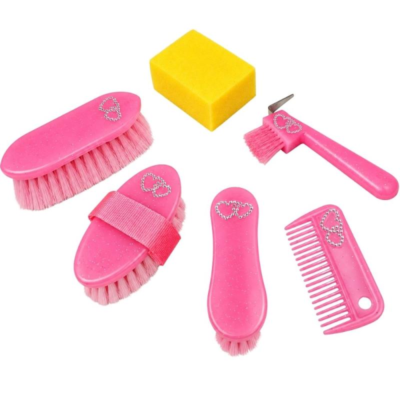 York Putz-Set Sweety für Kinder in Pink mit Bürsten, Hufkratzer, Kamm und Schwamm